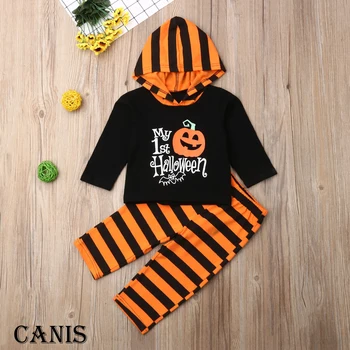 

Pudcoco Newborn Baby Boy Girl Clothes Halloween Print Striped Hooded Tops Long Pants 2Pcs Outfits Clothes Halloween Set