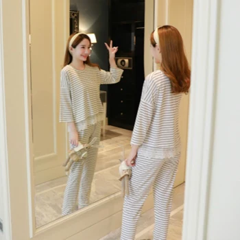 

Ladies Pajamas Fashion Striped Print Lace Stitching Sleepwear O-neck Long Sleeve Casual Pajamas Two-piece Suit