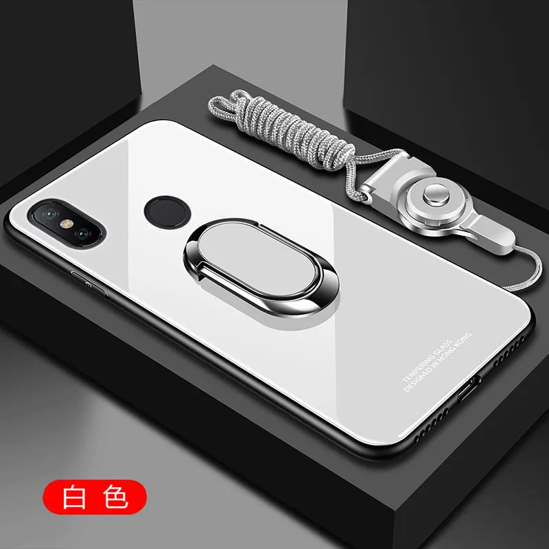 white Stand Ring Magnet Cover For Xiaomi Redmi Note 7 6 5 Pro GO Y7 7A 6A S2 Y2 Case Hard Tempered Glass Protective Back Case Cover - Color: white