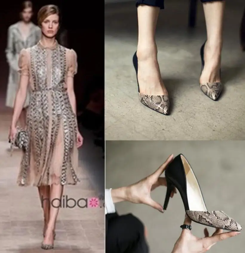 

Korean New Style Slim Single Shoes Women High Heels Pointed toe Pumps Shallow out Snake Pattern Mixed Color Black