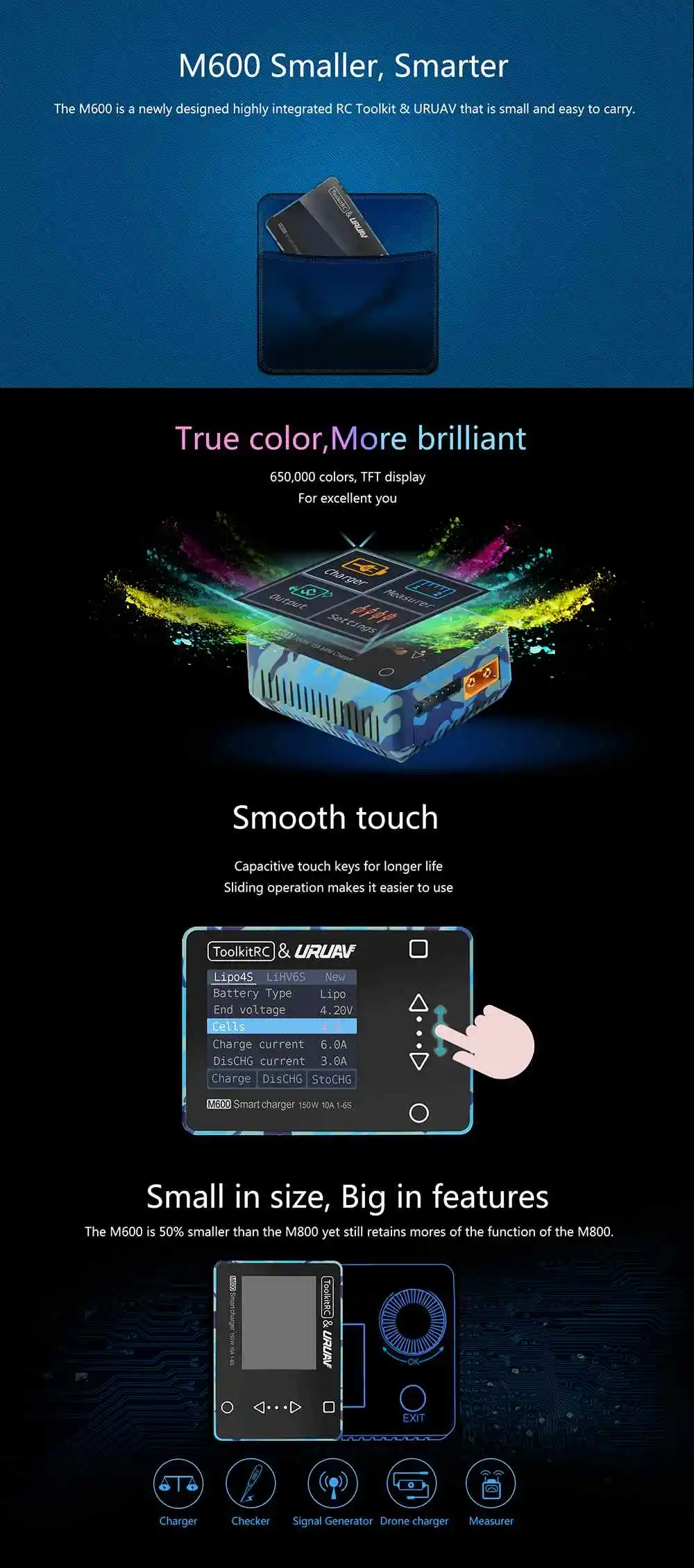 ToolkitRC& URUAV M600 150 Вт 10А DC мини Смарт ЖК-дисплей 2-6S Lipo батарея баланс зарядное устройство Dis зарядное устройство с PPM/PWM/SBUS тестовая функция