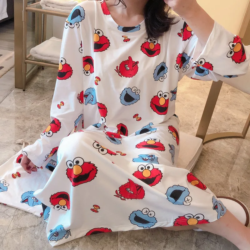 

Nightgown Women's Spring And Autumn Long Sleeve Korean-style Fresh Students Cute Sesame Street Pajamas Sweet Loose-Fit Pregnant