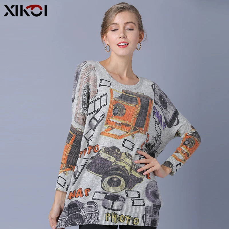 

XIKOI Oversized Sweater Women Pullover Fashion Korea Style Art Print Batwing Sleeve O-Neck Casual Computer Knitted Women Jumper