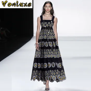 

Celebrity High Quality Lace Spaghetti Strap Floral Embroidery Long Maxi Summer 2020 Runway Designer Casual Party Elegant Dresses