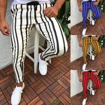 

Chic Men Pants Vertical Stripes Print Drawstring Skinny Pencil Pants Sports Long Pants