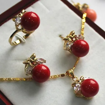 

Hot sell free shipping ~~ fancy jewelry set 10mm red shell pearl,ring, pendant & stud earring