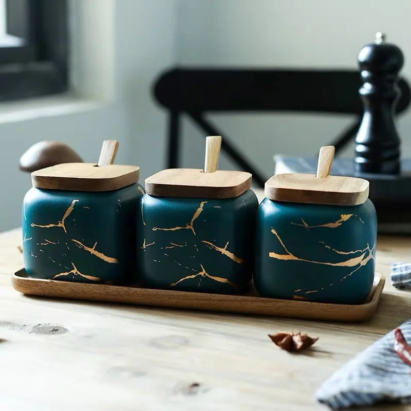 

Nordic Light Luxury Frosted Marble Ceramic Seasoning Jar Seasoning Bottle Kitchen Accessories Seasoning Jar with Lid Wooden Tray