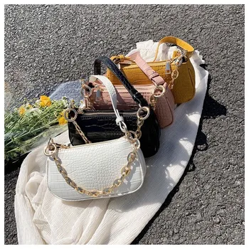 

Leather Shoulder Bag with Chain Women Luxury Fashion Handbag 2020 Crocodile Pattern Baguette Pink Tote for Ladies High Quality