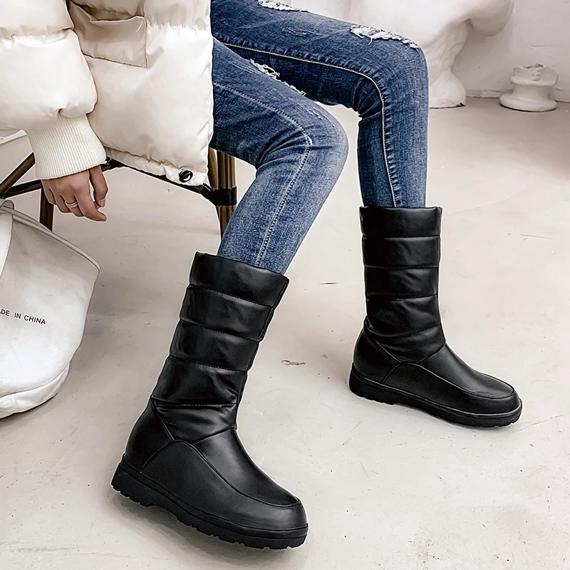 

Rimocy Women Winter Waterproof Warm Shoes Woman Platform Mid-calf Snow Boots Padded Plush Leather Boots Black White Botas Mujer
