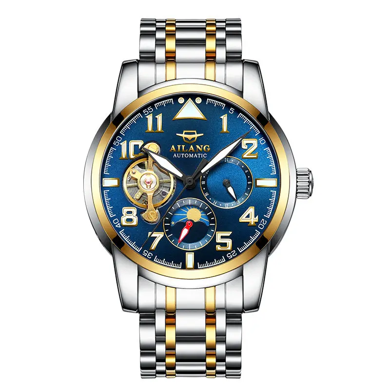 Модные мужские часы AILANG, Топ бренд, роскошные часы с каркасом турбийоном, мужские спортивные автоматические механические часы из нержавеющей стали - Цвет: Gold Blue