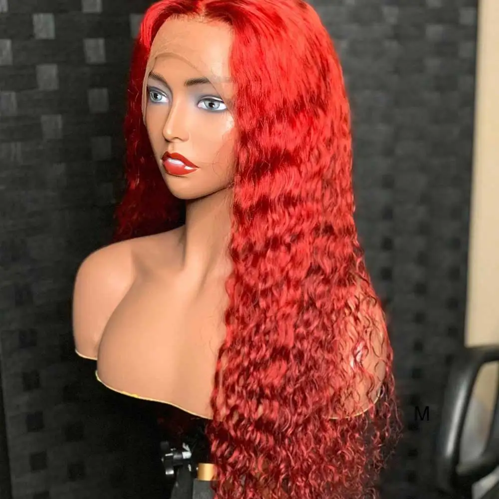 Предварительно выщипанные 13x6 человеческие волосы парик Remy Кудрявый красный цвет