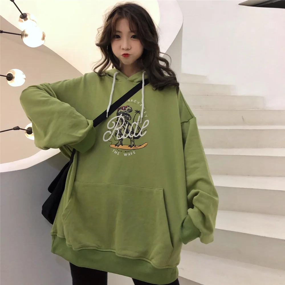 

Women's Oversized Hoodie 2020 Spring Autumn Thin Cotton Dinosaur Print Loose Hooded Sweatshirts Girl Student's Oversize Hoodies