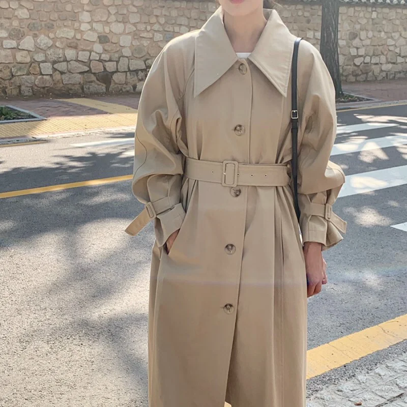 

Women Long Trench Coat with Belt Plus Size Turn Down Collar Single Breasted Streetwear Casual Autumn Winter Ladies Windbreaker