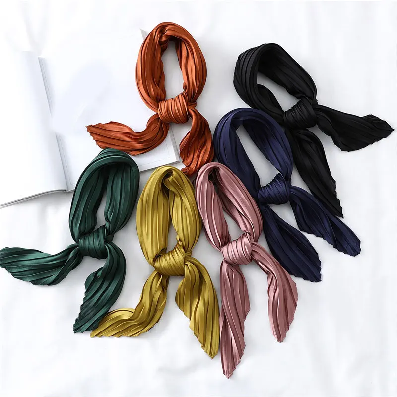 Silk Pleated Scarf Solid Color Satin Neckerchief Soft Small Scarves Square Scarf Decorative Headscarf Crinkled Hair Scarf