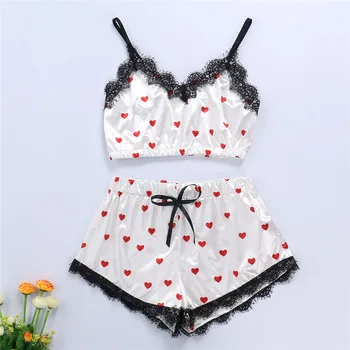 

Summer Women Sling Sleepwear Pajamas set Lace V Neck Satin Vest tops Elastic Shorts High waist Summer Two pieces Print Nightwear