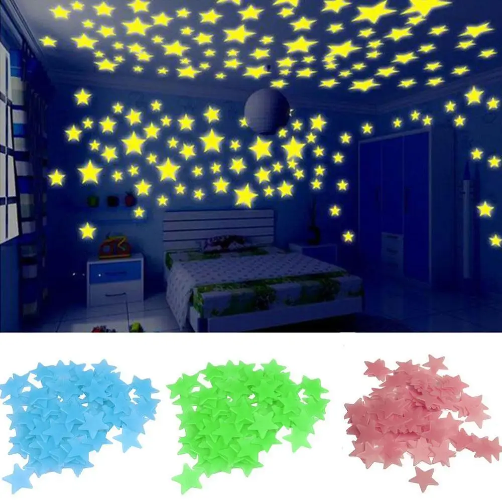 100pcs 3D Star and Moon Energy Storage Fluorescent Glow In the dark Luminous on Wall Stickers for Kids Room living room Decal | Дом и сад