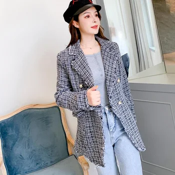 

2019 Plaid tweed double breasted blazer women turn down collar Tassel Edge slim jacket coat Elegant women blazers and jackets