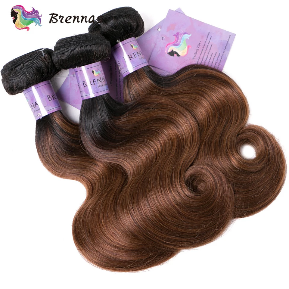 Brennas Body Wave Ombre Hair 3 Bundles Human Hair Bundles With Closure 1b/30 Brazilian 8-26'' Remy Hair Extensions Middle Ratio