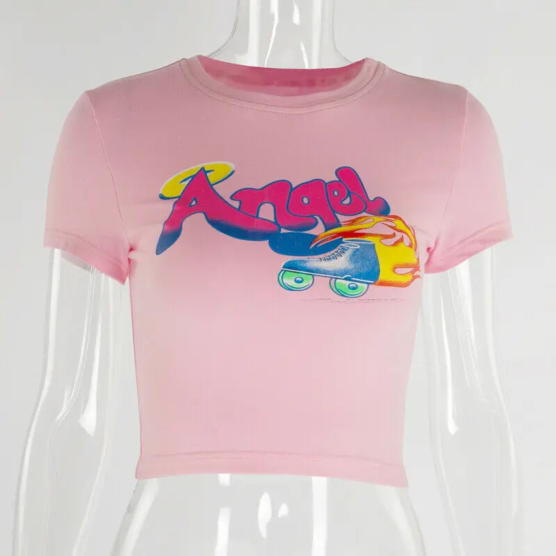 H3e34695a917b491397c3f93a819c749bA - Angel Letter Printed Short Sleeve T-Shirts