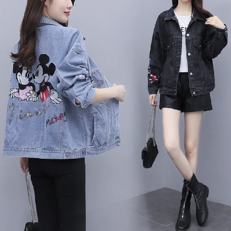 Disney Mickey Minnie Mouse Coats Women Denim Jacket Kawaii Pocket Autumn Spring Turn Down Collar Jeans Female Clothes Lady Coats