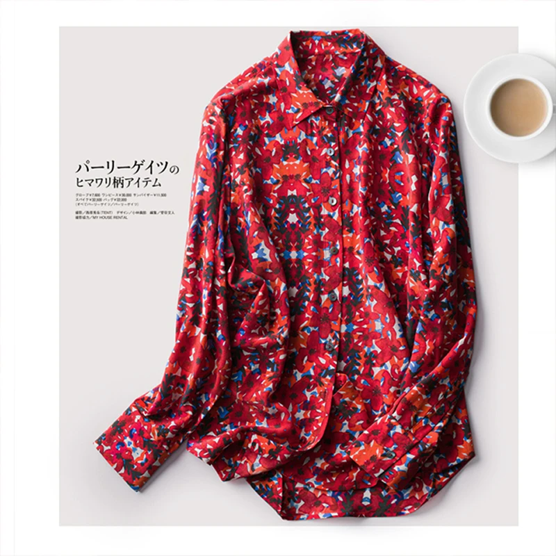 

Womens and Ladies Turn-Down Collar Long Sleeves shirt Pure Natural Mulberry Soft fit 2020 new chic tops Stand shirt