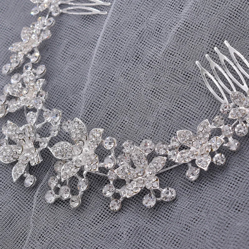 heavy handmade craft shiny crystal rhinestone flower metal hair accessories silver bridal hair comb wedding jewelry crown