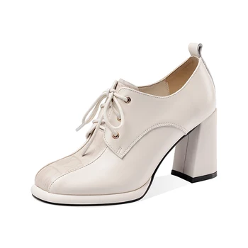 

2020 New Women Spring Autumn thick High Heels Pumps genuine Leather lace up Shoes Woman Party Prom Shoes