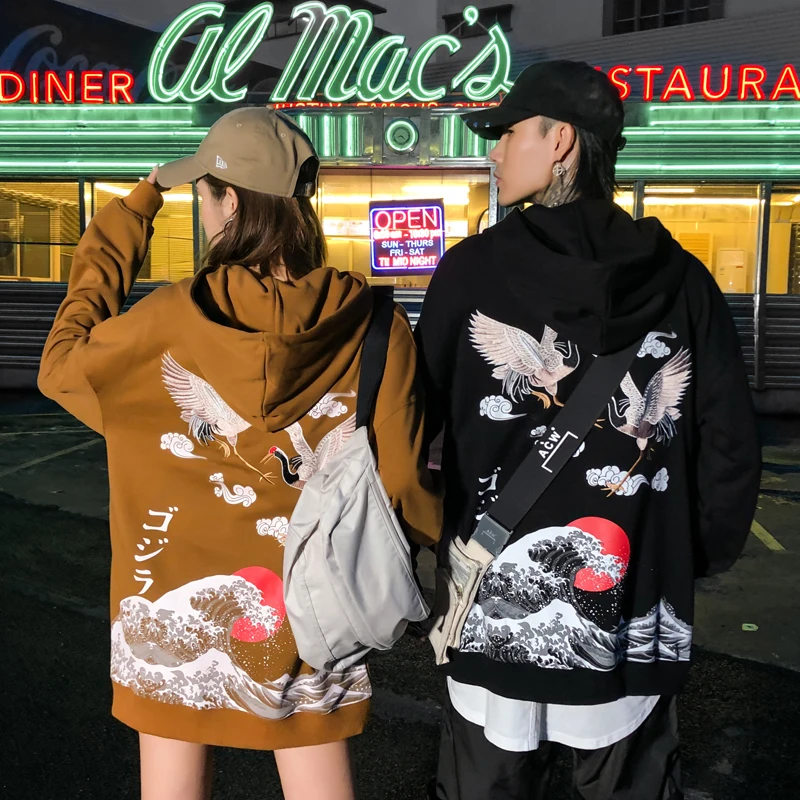 

Guochao couple retro Chinese style embroidery crane hooded men and women bf hip hop loose oversize jacket