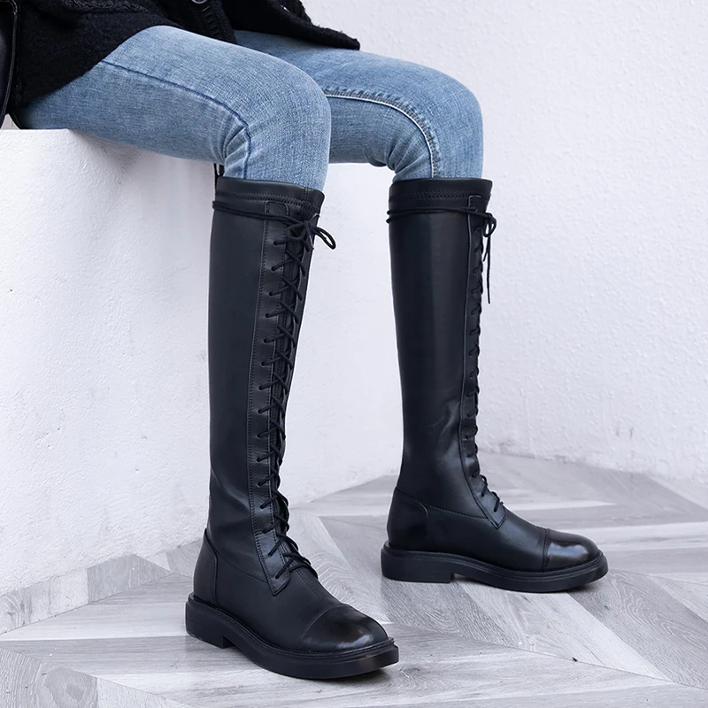 Prova Perfetto Winter Black Fashion Women Martin Knee-high Boots Cow Leather Flat Long Boots Women Hand-made Leather Boots