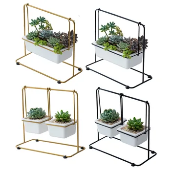 

Simple Geometric Ironwork Ceramic Flower Pot Succulent Flowerpot Combination Set Home Living Room Office Desktop Decoration