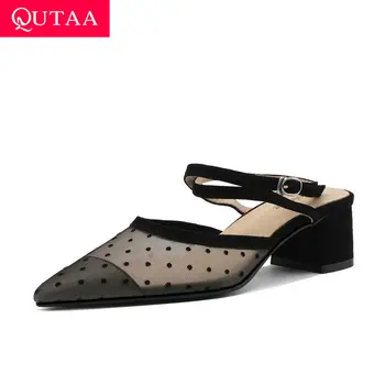 

QUTAA 2020 Pointed Toe Square Heel Women Shoes Buckle Slingback Summer Sandals Cow Leather Mesh Fashion Ladies Pumps Size 34-40