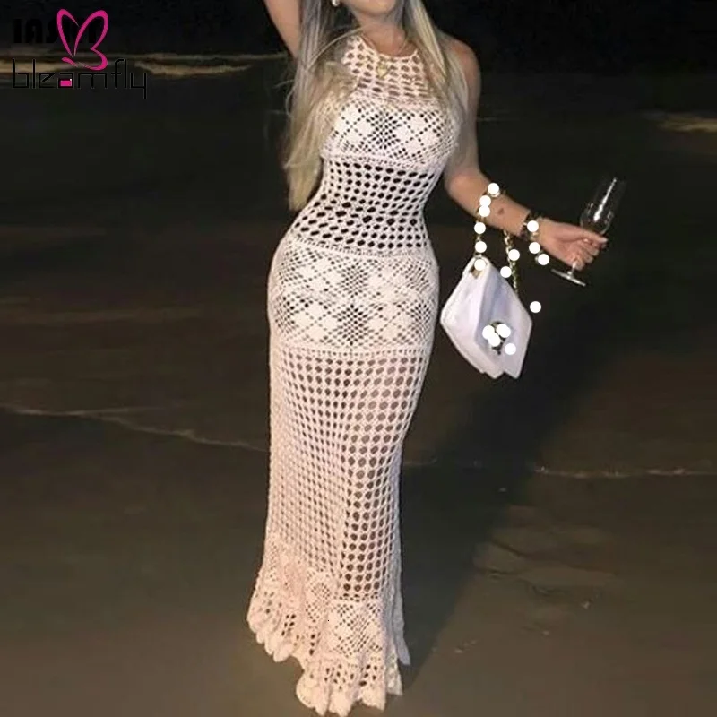 

2019 Crochet White Knitted Beach Cover Up Long Dress Sexy Women Hollow Out Bikinis Swimsuit Cover Ups Robe Beachwear