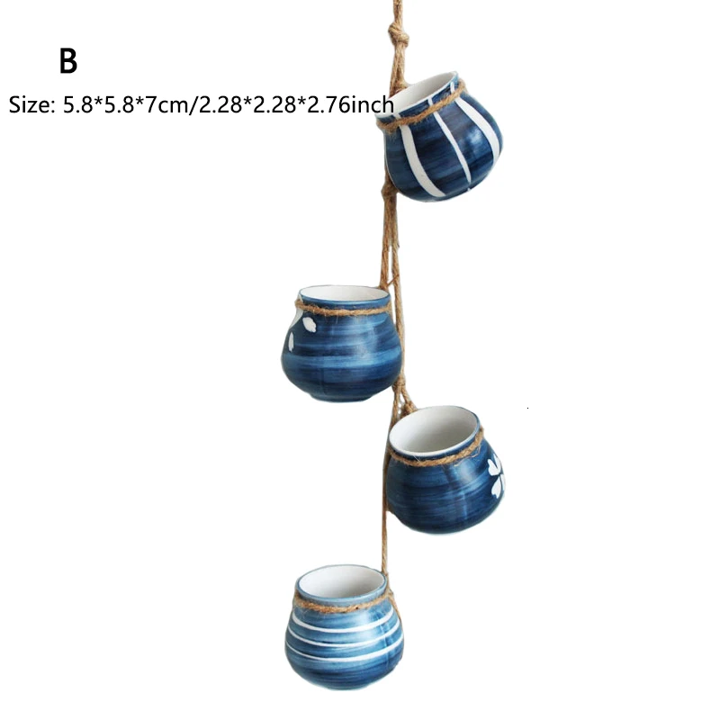 4 шт. настенный керамический цветочный горшок подвесной цветочный горшок для суккулентных растений кактус Саженцы бонсай контейнер пеньковая веревка садовое украшение - Цвет: B