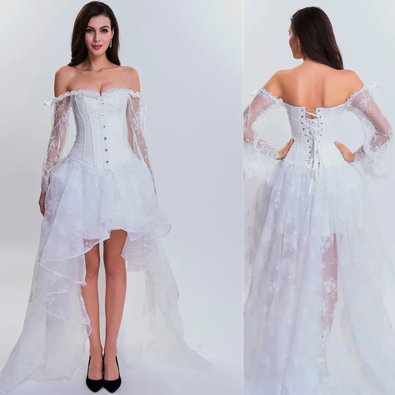 Sexy Steampunk Corset Dress Women's Medieval Victorian Gothic Lace Bustiers Corset+ Irregular Skirt Wedding Party Corset Dress - Цвет: White