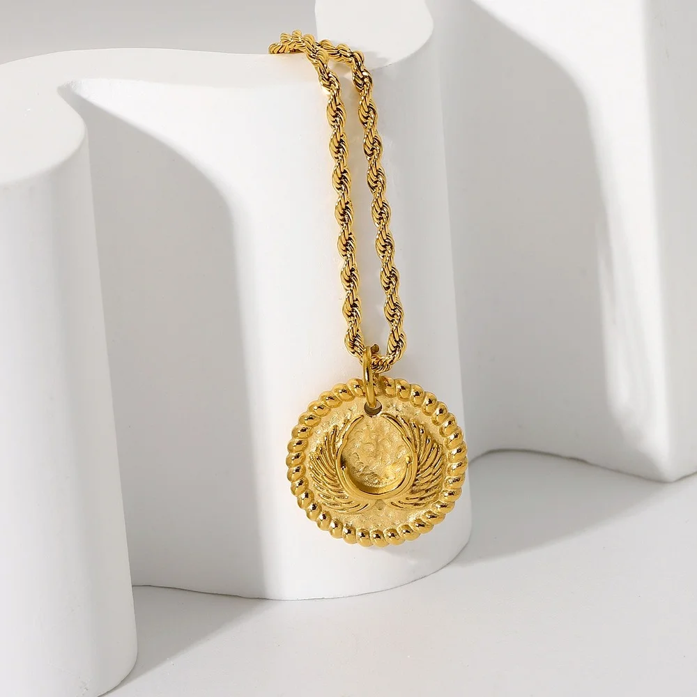 Fine Flower Snake Wings Curved Coin Pendant Medallion Plated Gold Necklaces for Women Stainless Steel Engagement Party Jewelry