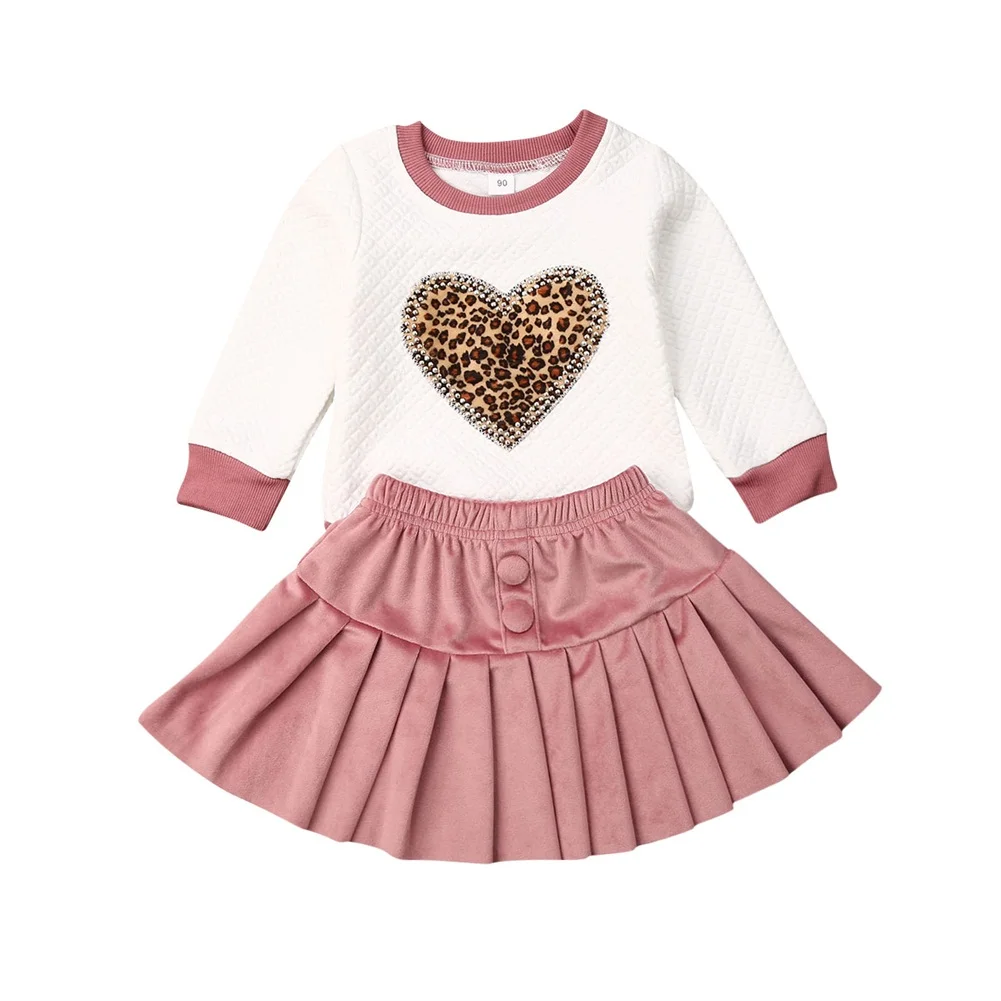 Модная детская футболка с длинными рукавами и сердечком для маленьких девочек топ+ плиссированная юбка-пачка трапециевидной формы комплект из 2 предметов Осенняя повседневная одежда - Цвет: Белый