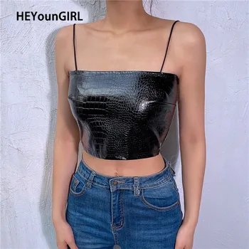 

2020 Sexy Faux Leather PU Spaghetti Strap Cami Top Tee Harajuku Black Backless Wrap Crop Top Women Sleeveless Summer Streetwear