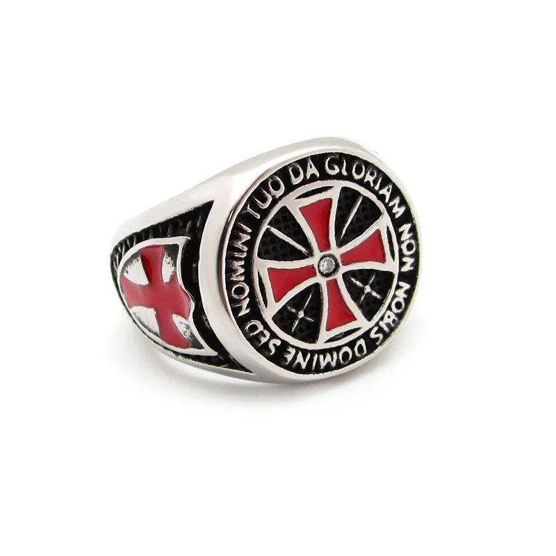 Unique 316L Stainless Steel Knights Templar Ring Custom Design Wholesale Price Shield Black Epoxy Clean Zircon Red Cross Rings 5
