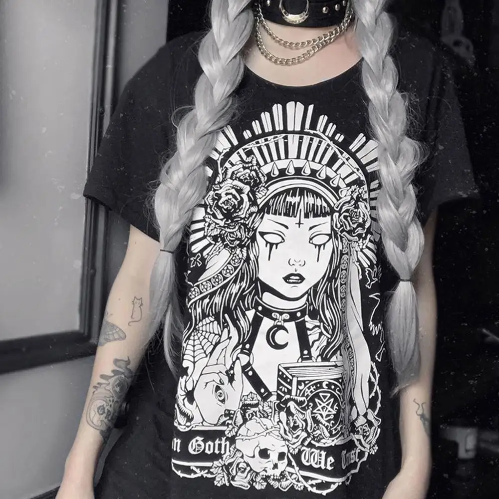 Женская футболка с принтом Goth Dark черная свободная в стиле Харадзюку уличная