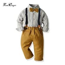 Tem doger/комплекты одежды для маленьких мальчиков, г. Зимняя одежда для маленьких мальчиков, рубашки+ комбинезоны, комплекты из 2 предметов полосатая одежда для новорожденных джентльменов