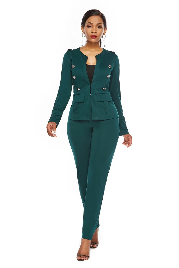 Брючный костюм для женщин осень длинный рукав Бисероплетение кнопка карман размера плюс блейзеры наборы офисные женские элегантные черные брючные костюмы для женщин - Цвет: 01 Green