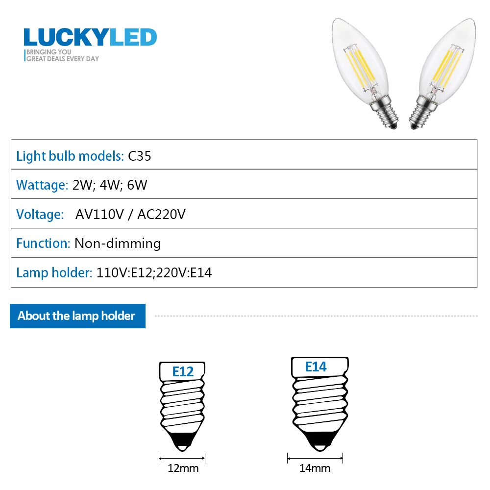 LUCKYLED светодиодный светильник 220 В E14 110 В E12 2 Вт 4 Вт 6 Вт Ретро винтажный светодиодный светильник с нитью накаливания светильник-свеча для домашнего декора Внутреннее освещение