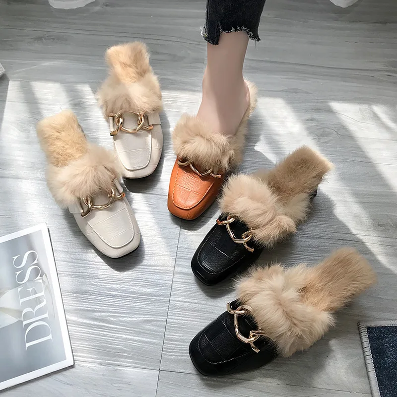 

Plush Slipper Women's 2019 Autumn Korean-style New Style Chunky-Heel Outer Wear Lazy Mules Shoes Fashion Closed-toe Semi-SLIPPER