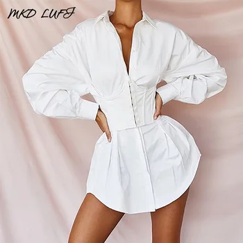 

Lantern Sleeve Single Breasted Pleated Shirt Dress Women Elegant Short Dress Workwear Solid Casual Mini Dress (WITHOUT Belt)