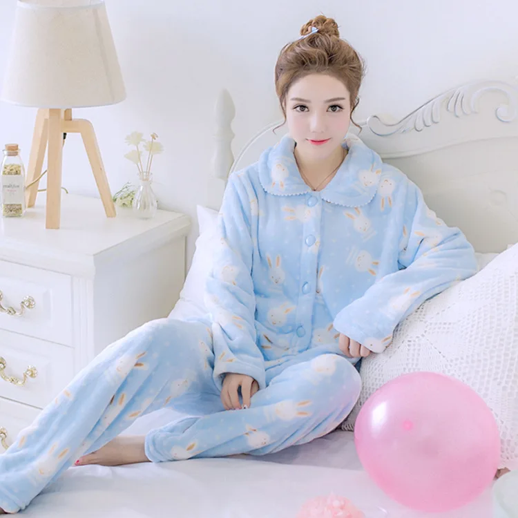2 шт., Пижамный костюм, женская одежда для сна, милый мультяшный повседневный комплект для сна, пижамы из плотной ткани, коралловый флис, зимняя теплая одежда для сна, домашняя одежда