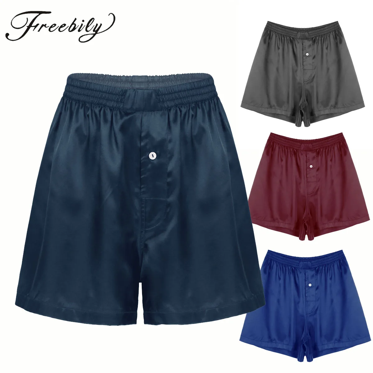 Men's Satin Sleep Bottoms Summer Ice Silk Solid Sleepwear Boxers Shorts Nightwear Pajamas Homewear