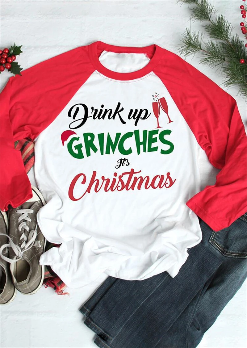 DRINK UP GRINCHES это рождественская футболка пэчворк 3/4 рукав реглан Футболка женская футболка Забавные футболки с графикой повседневные топы - Цвет: Красный