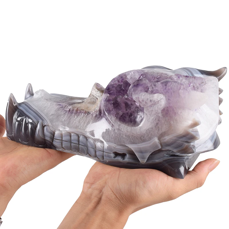 

10 Inch 3.39 kg Natural Amethyst Crystal Agate Dragon Skulls Super Big Statue Hand Carved Skull Figurine Healing Stone Decor Art