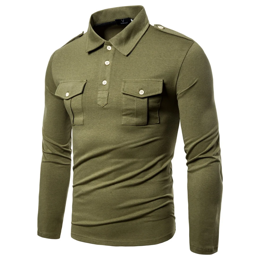Поло Hombre военный, двойной карман с длинным рукавом Slim Fit Поло уличная топы высокого качества мужские однотонные поло Para Hombre XXL - Цвет: Army