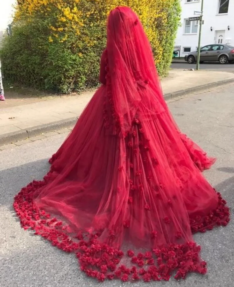 Бургундское мусульманское бальное платье Свадебные платья 3D Цветочный Высокий воротник с длинным рукавом свадебные платья с коротким Шлейфом Тюль Vestidos De Novia